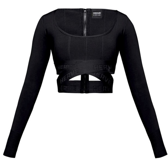 NWT HERVE LEGER BLACK LONG SLEEVE BANDAGE BODYCON CROP TOP EMBROID… - Picture 1 of 12